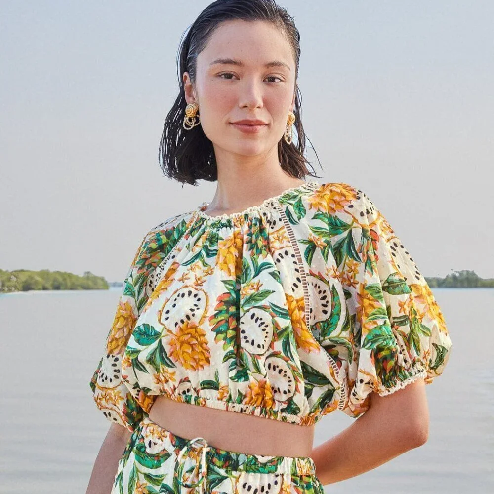 NWT FARM Rio Off-White Biriba Cropped Top Yellow Green Floral Puff Sleeve Blouse